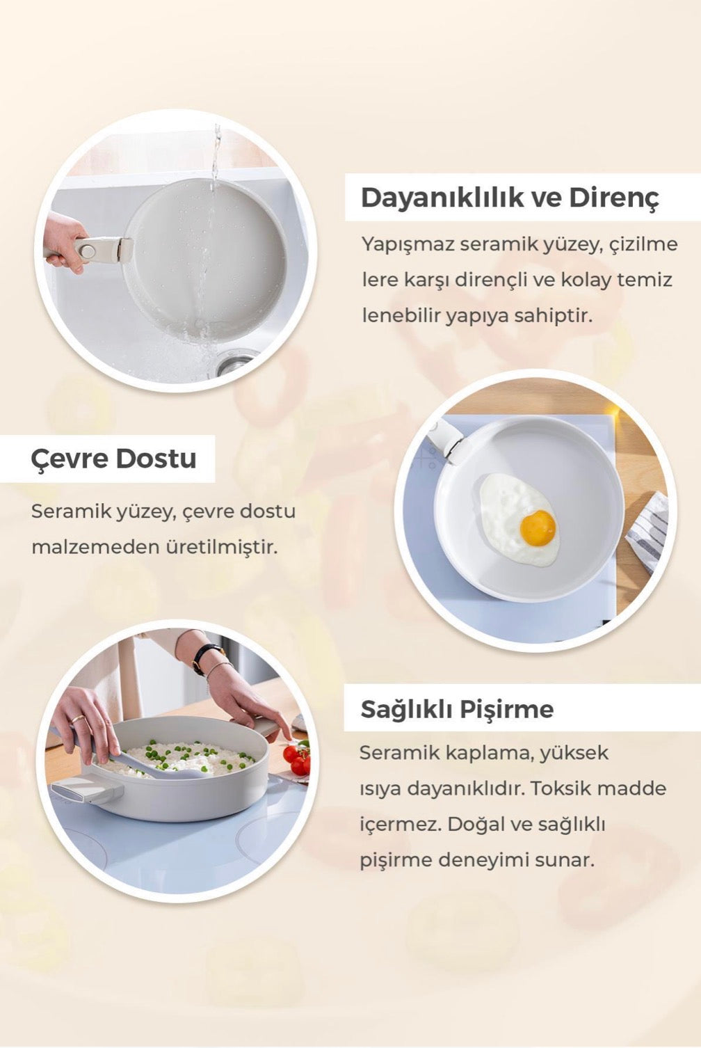 Acar Ultimate Pro Crepe Pan 26 cm Ceramic Coating Nonstick Pan Cream