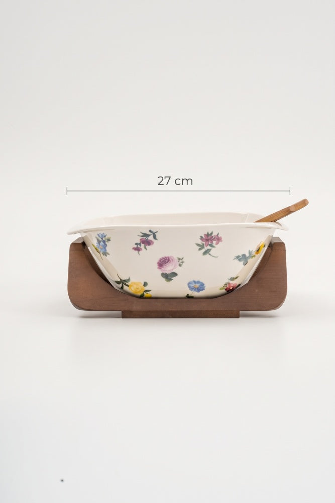 Petit Fleur porseleinen saladekom met bamboe standaard 27 cm – Elegante serveerschaal