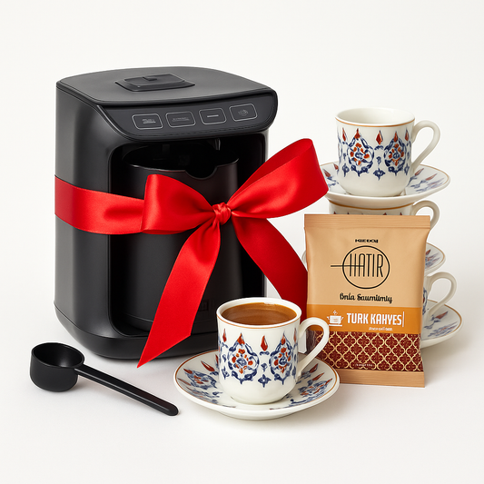 Karaca Hatır Charcoal Turkish Coffee Machine Shiny Black + Cup Set & Turkish Coffee Gifted