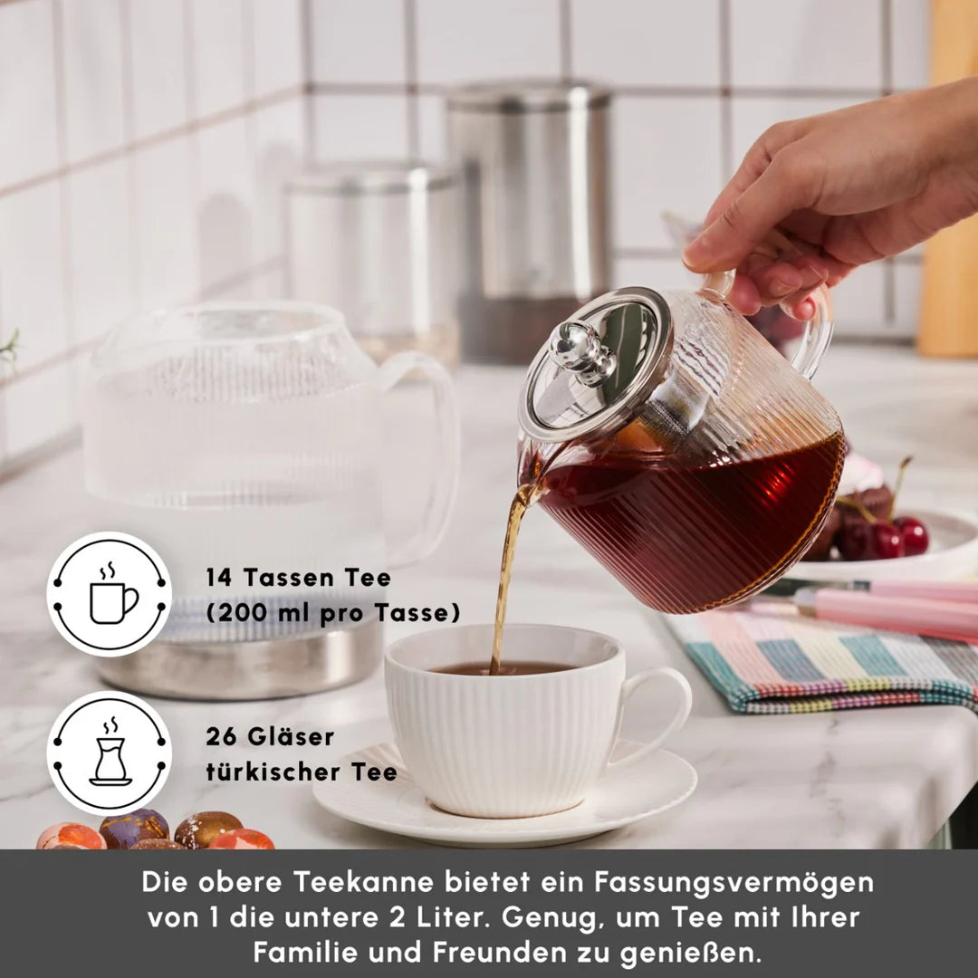 Karaca Kelly XL Cam Çaydanlık – 1000 ml Demlik, 2000 ml Suluk, Borosilikat Cam