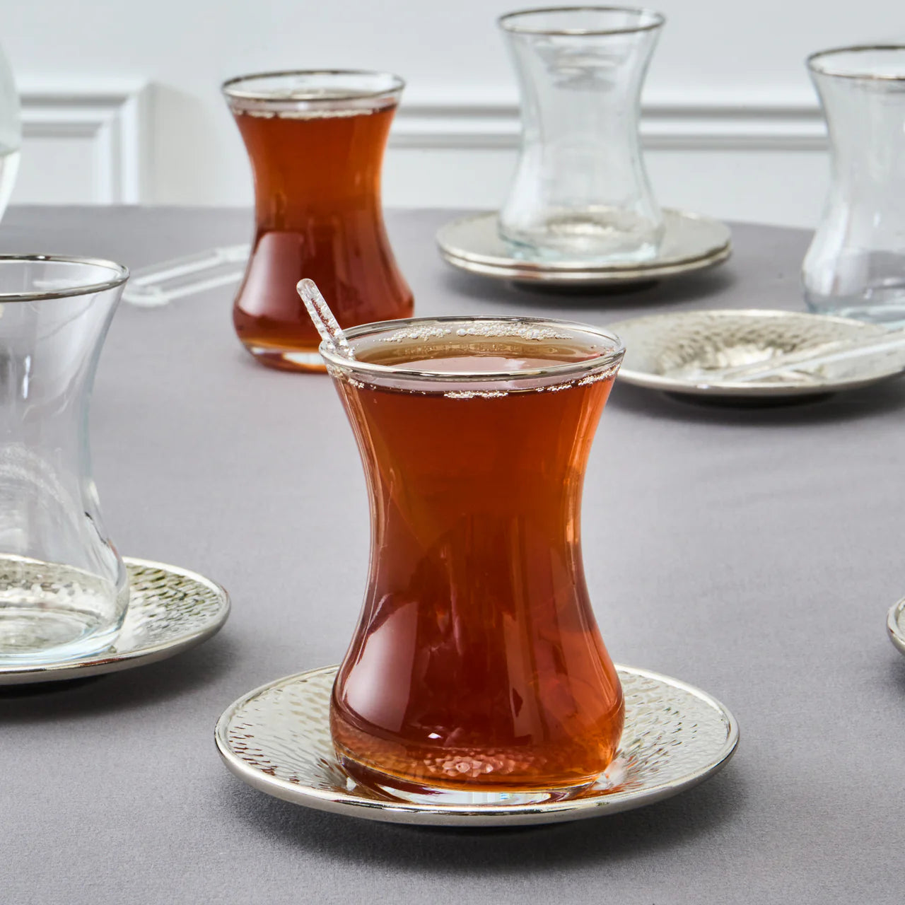 Karaca Ada Platin 6 Kişilik 18 Parça Çay Seti, Şık Cam ve Platin Detaylı
