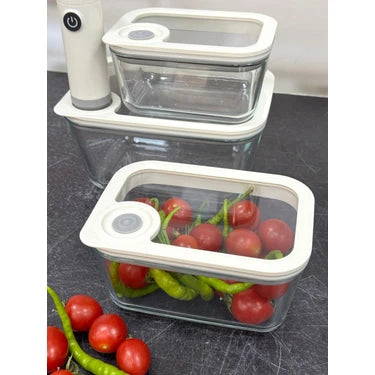Newness Rechargeable Vacuum Glass Storage Container Set – 4 Pieces (2800 ml – 1450 ml – 910 ml + Vacuum Machine)