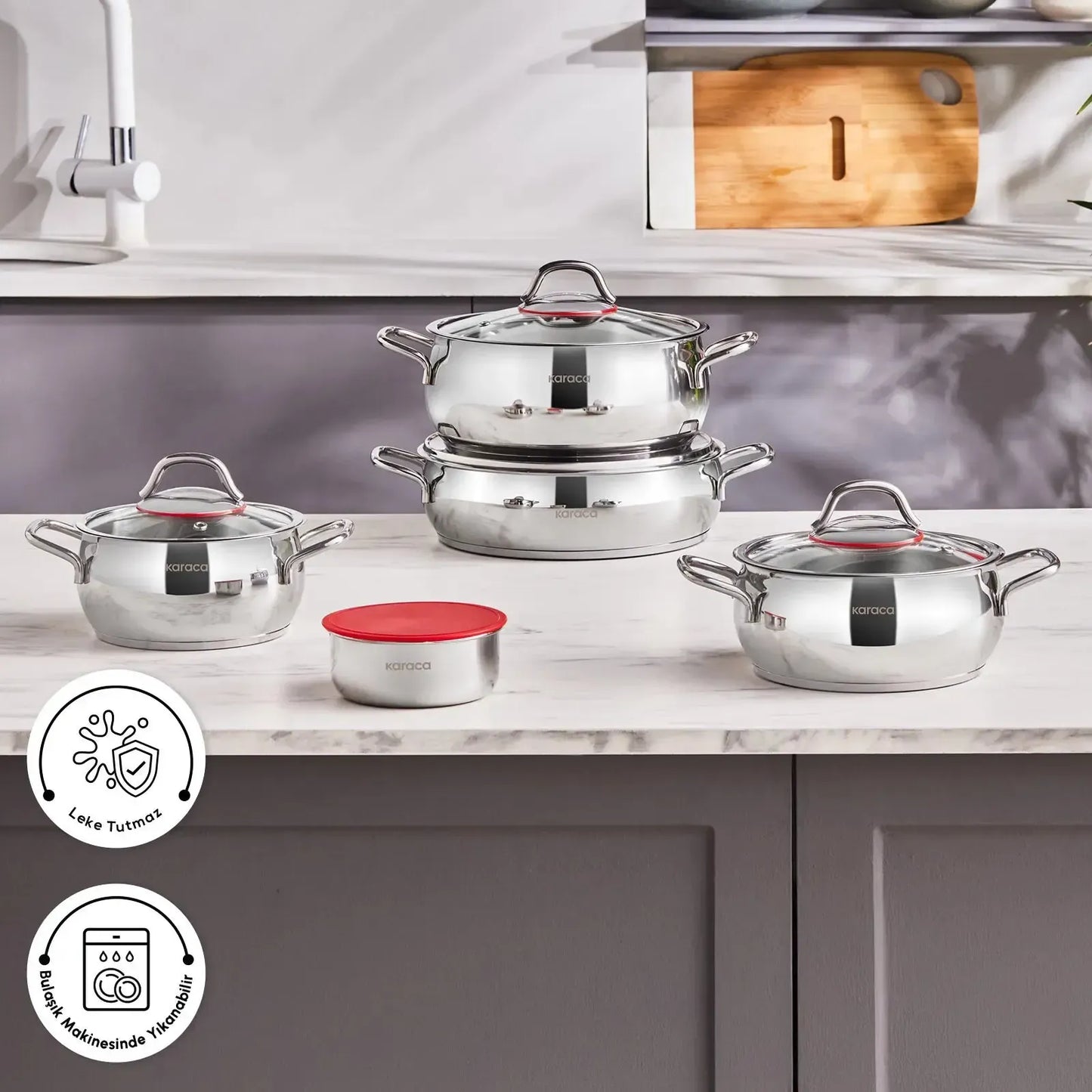 Karaca Emirgan XL 10 Parça Çelik Tencere Seti – Saklama Kaplı, Cam Kapaklı, İndüksiyon ve Fırın Uyumlu-mutfak urunleri-Prenseshome Leyweg-Prenseshome Leyweg