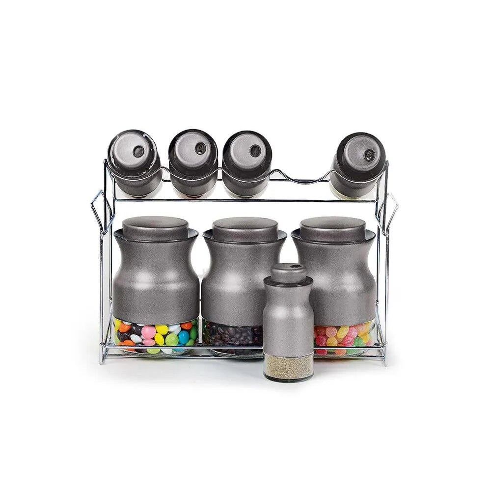 8’li Cam Baharatlık ve Saklama Seti – Metal Standlı, 125 ml & 380 ml, Hava Geçirmez Kapaklı-mutfak urunleri-Prenseshome Leyweg-Prenseshome Leyweg