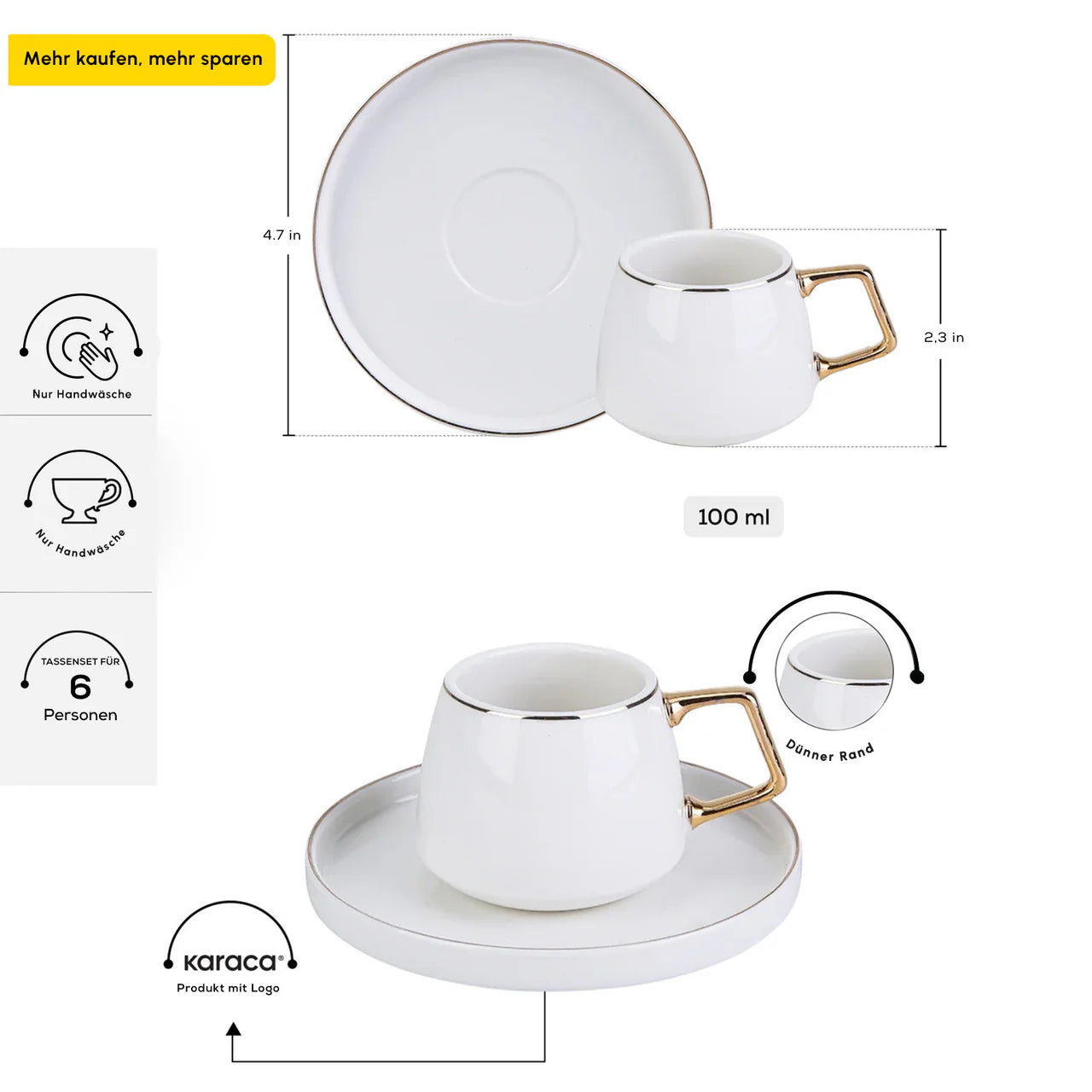 Karaca Streamline Saturn Gold 6 Kişilik Porselen Kahve Fincanı Takımı – 100 ml