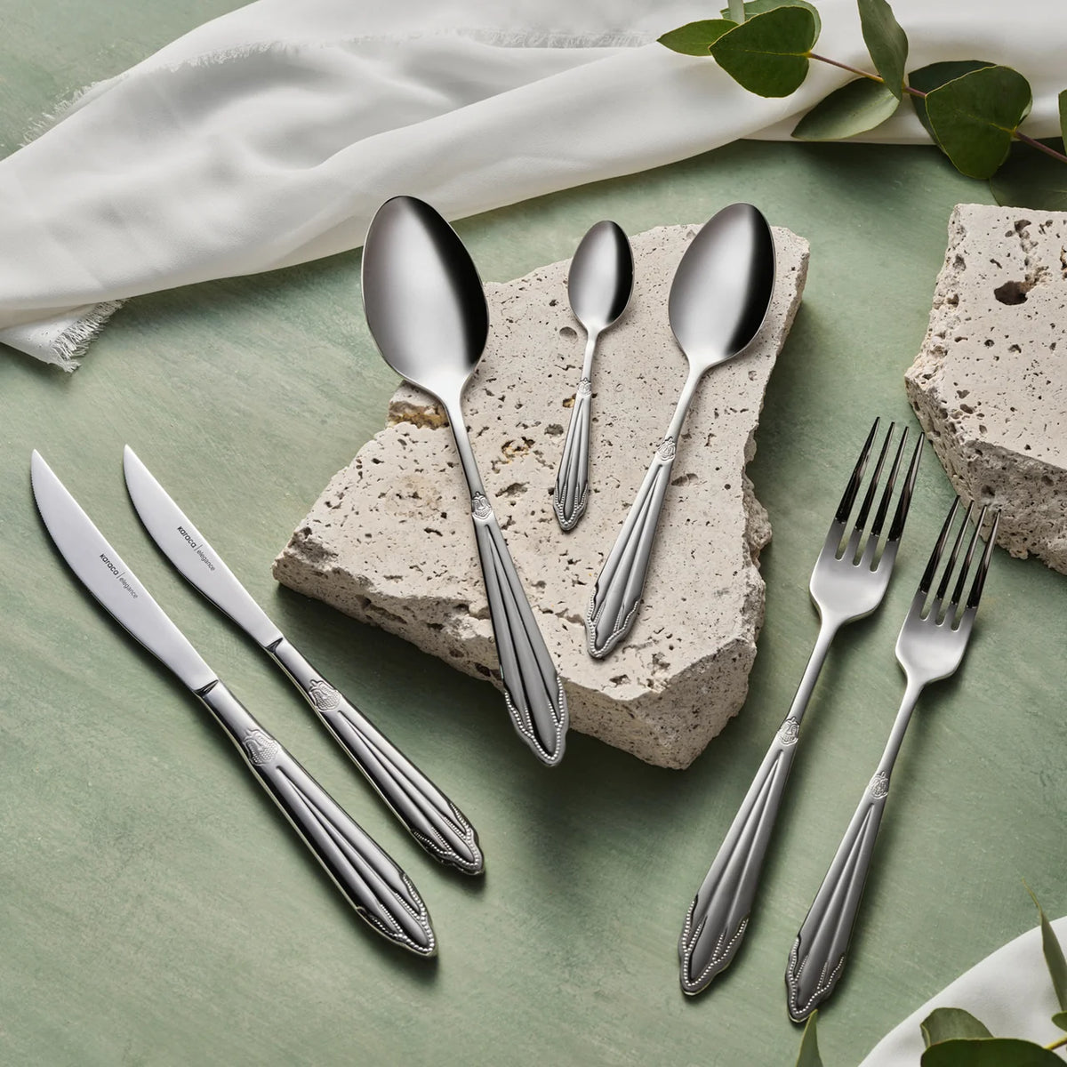 Karaca New Mantilla 84-Piece 12-Person Stainless Steel Cutlery Set – Platinum