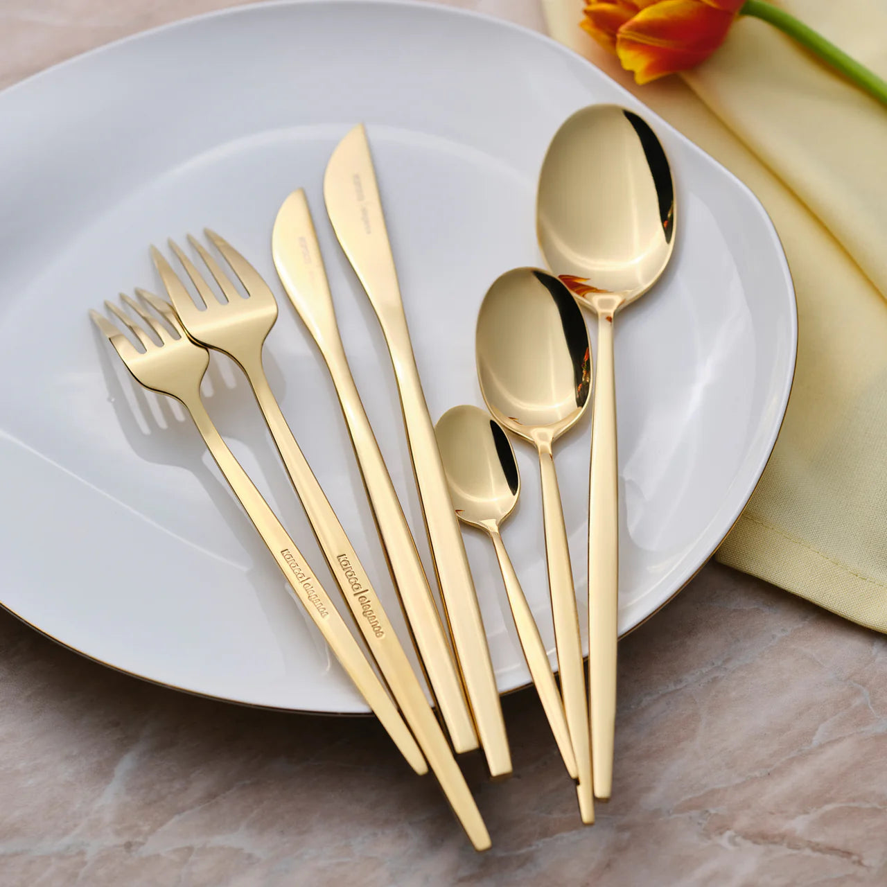 Karaca Camille Gold 12 Person 84 Piece Fork Spoon Knife Set