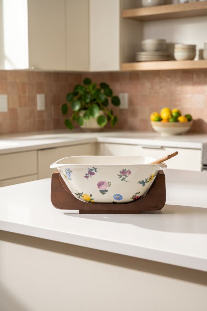 Petit Fleur Bambu Standlı Porselen Salata Kasesi 27 cm – Şık Servis Kasesi