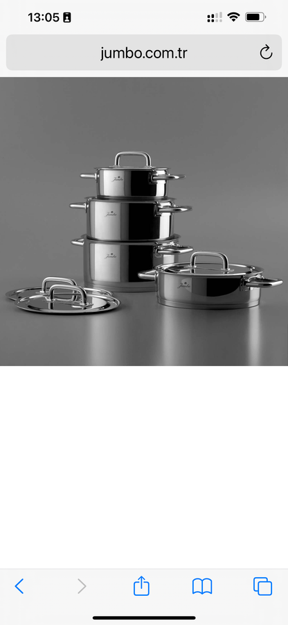 Jumbo Metalix 8 Parça Çelik Tencere Seti – 18/10 Paslanmaz Çelik, İndüksiyon Uyumlu