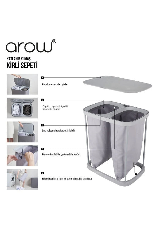 Arow Foldable 2-Compartment Fabric Laundry Basket – 90 Lt | Metal Body, Lid