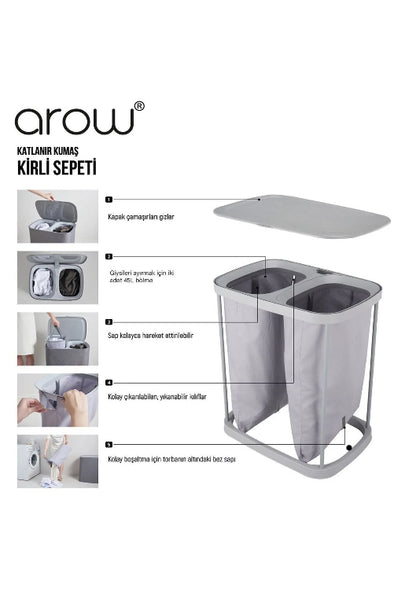 Arow Foldable 2-Compartment Fabric Laundry Basket – 90 Lt | Metal Body, Lid