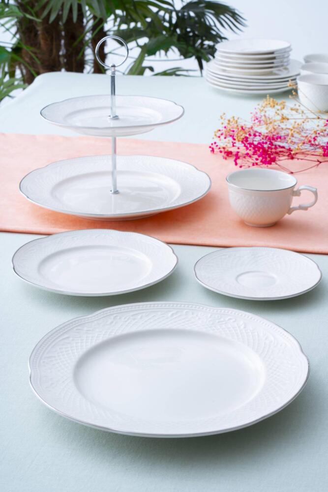 Acar Serenity Silver 20-delig porseleinen brunch- en taartservies voor 6 personen – met zilverkleurige details