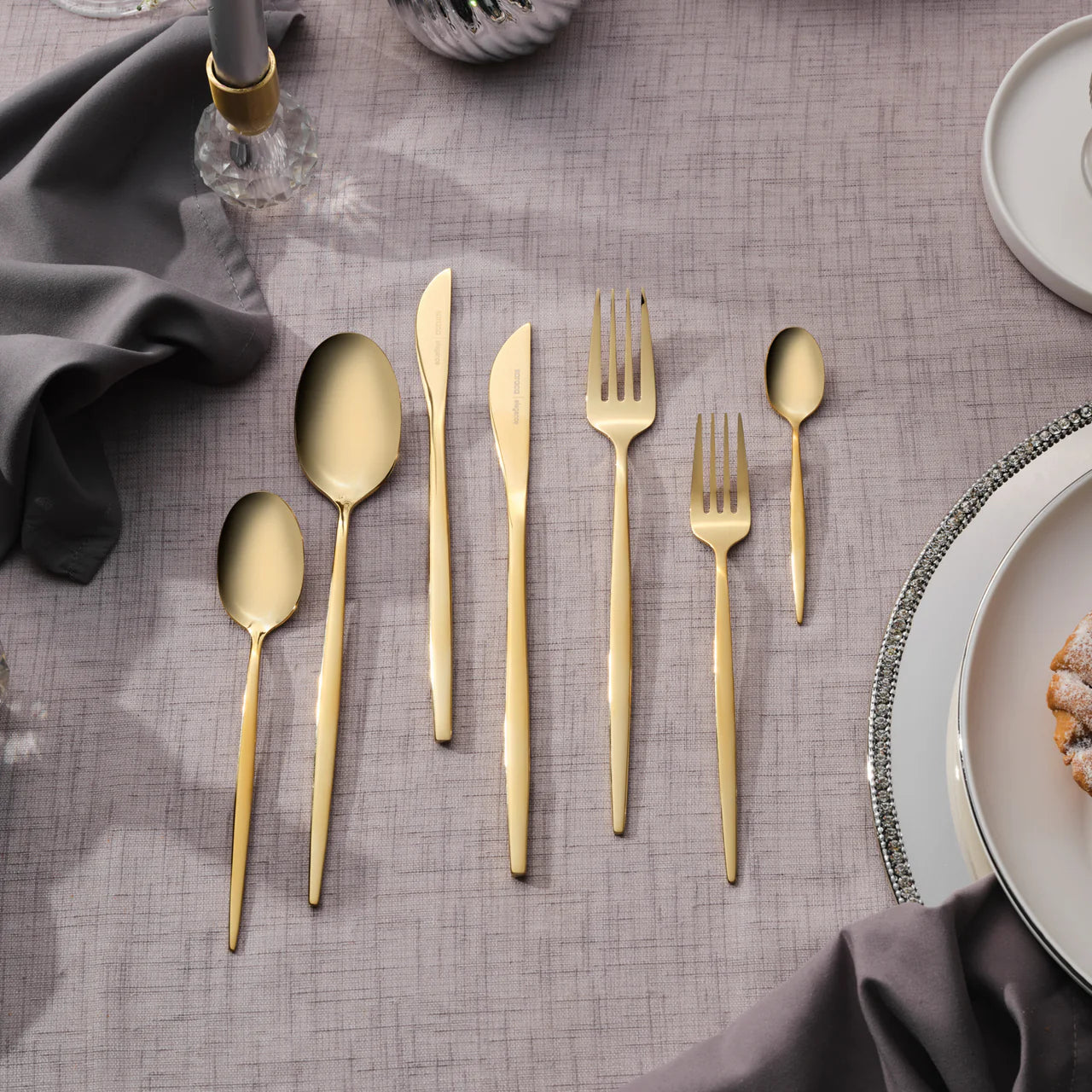 Karaca Camille Gold 12 Person 84 Piece Fork Spoon Knife Set