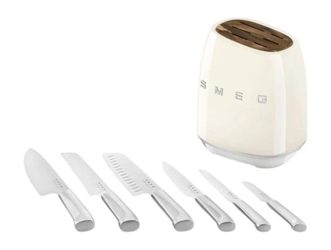 SMEG KBSF02CR Cream 6-Piece Knife Set with Messenblok – German Steel, Acacia Wood Slots, Retro 50's Design
