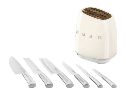 SMEG KBSF02CR Cream 6-Piece Knife Set with Messenblok – German Steel, Acacia Wood Slots, Retro 50's Design