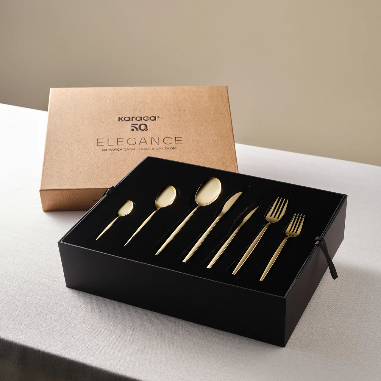 Karaca Camille Gold 12 Person 84 Piece Fork Spoon Knife Set