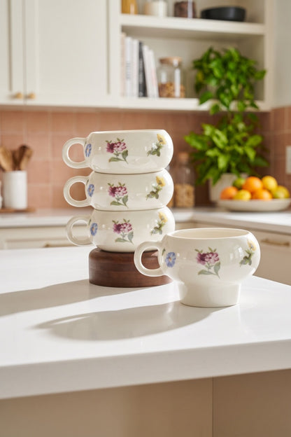 Petit Fleur 4-Piece Porcelain Mug Set with Bamboo Stand – Elegant Mug Set