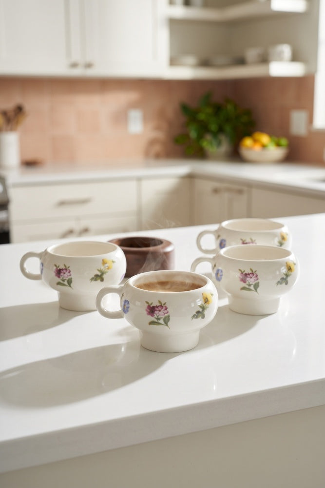 Petit Fleur 4-Piece Porcelain Mug Set with Bamboo Stand – Elegant Mug Set