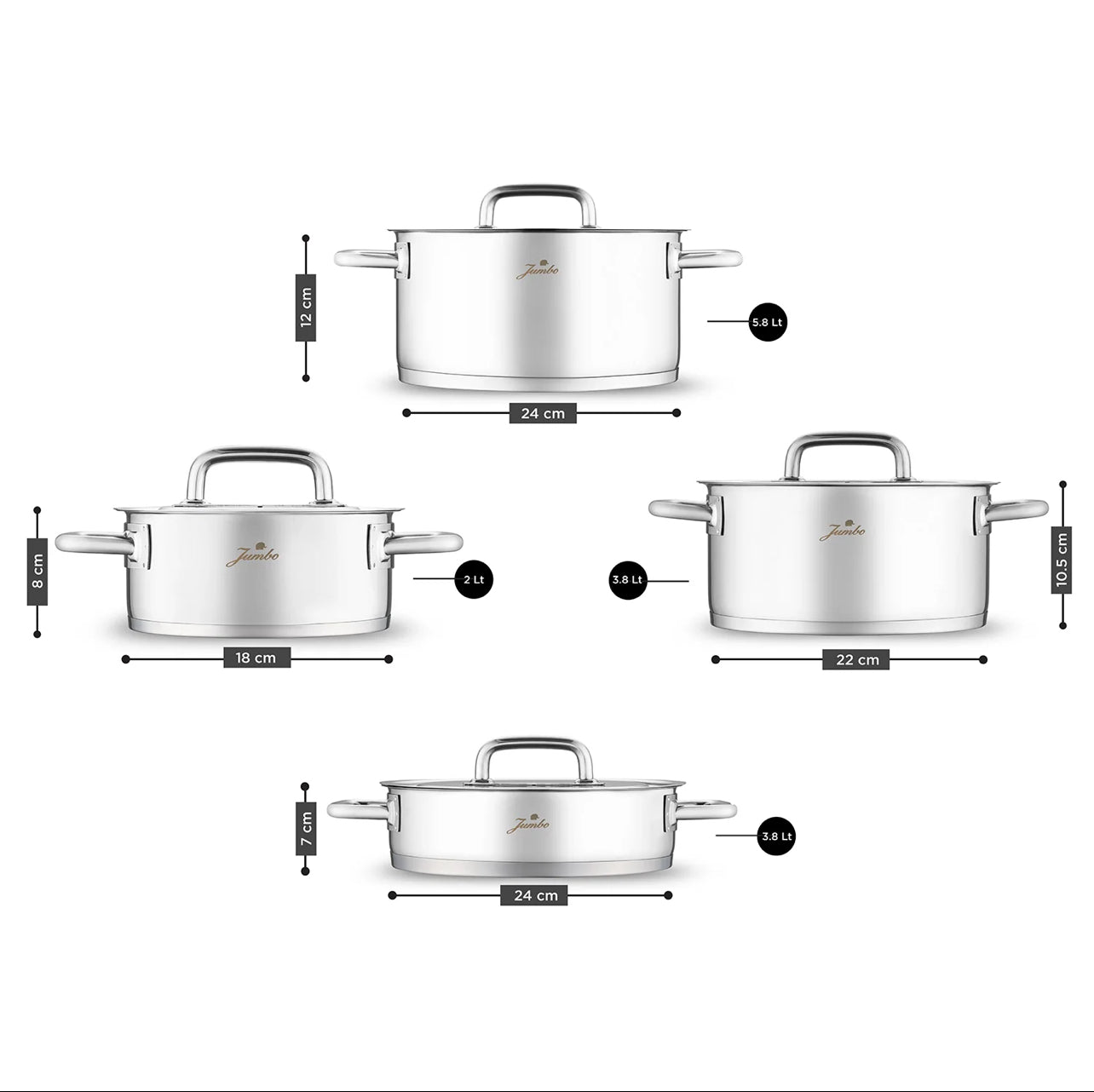 Jumbo Metalix 8 Parça Çelik Tencere Seti – 18/10 Paslanmaz Çelik, İndüksiyon Uyumlu