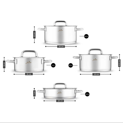 Jumbo Metalix 8 Parça Çelik Tencere Seti – 18/10 Paslanmaz Çelik, İndüksiyon Uyumlu