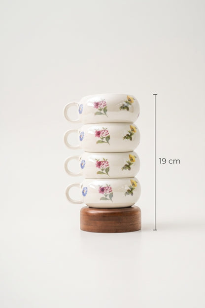 Petit Fleur 4-Piece Porcelain Mug Set with Bamboo Stand – Elegant Mug Set