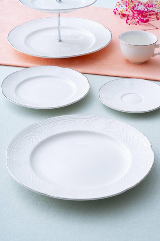 Acar Serenity Silver 20-delig porseleinen brunch- en taartservies voor 6 personen – met zilverkleurige details