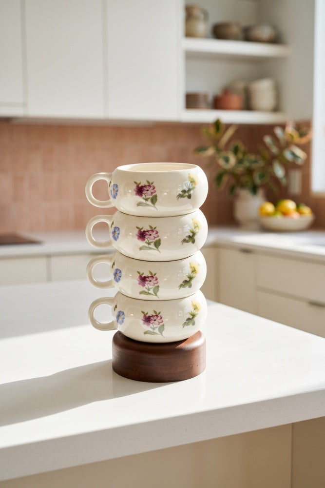 Petit Fleur 4-Piece Porcelain Mug Set with Bamboo Stand – Elegant Mug Set