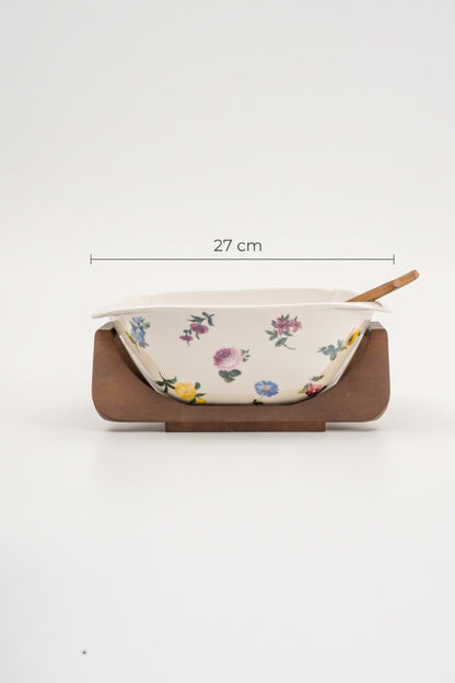 Petit Fleur Bambu Standlı Porselen Salata Kasesi 27 cm – Şık Servis Kasesi
