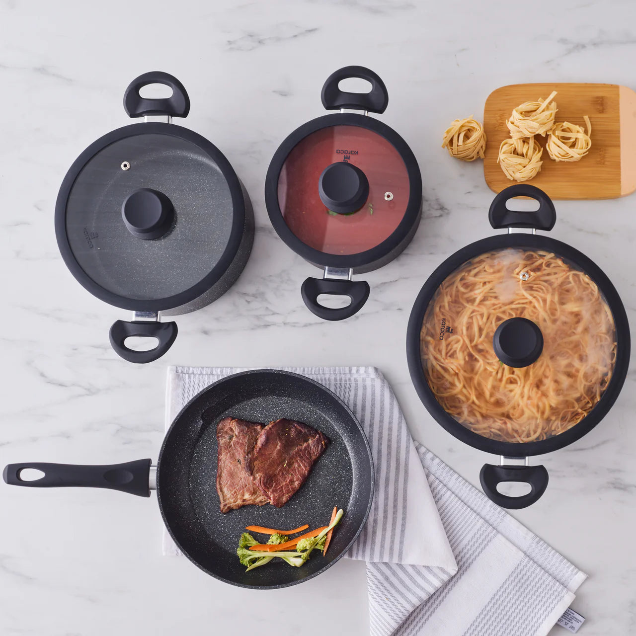 Karaca Nebula 7 Piece Granite Cookware Set, Induction Compatible, Black