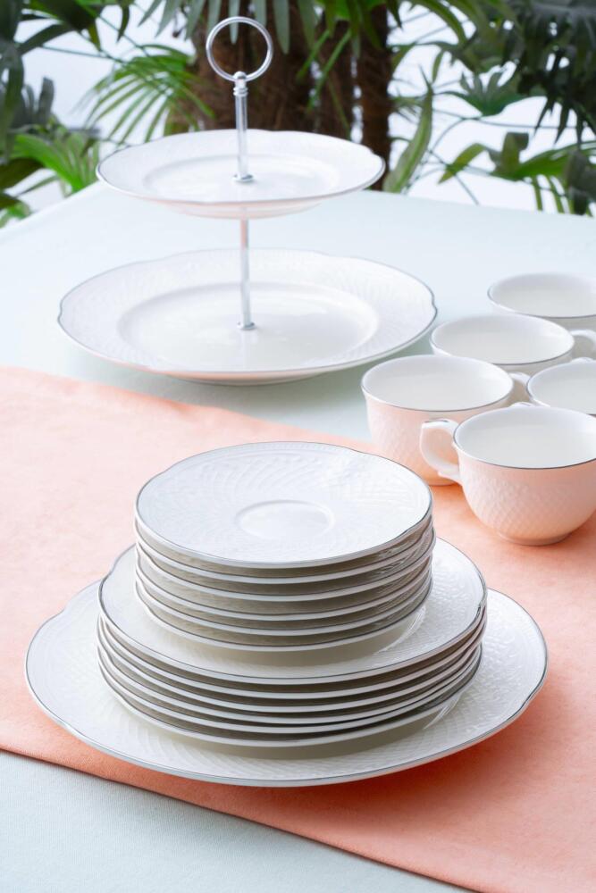 Acar Serenity Silver 20-delig porseleinen brunch- en taartservies voor 6 personen – met zilverkleurige details