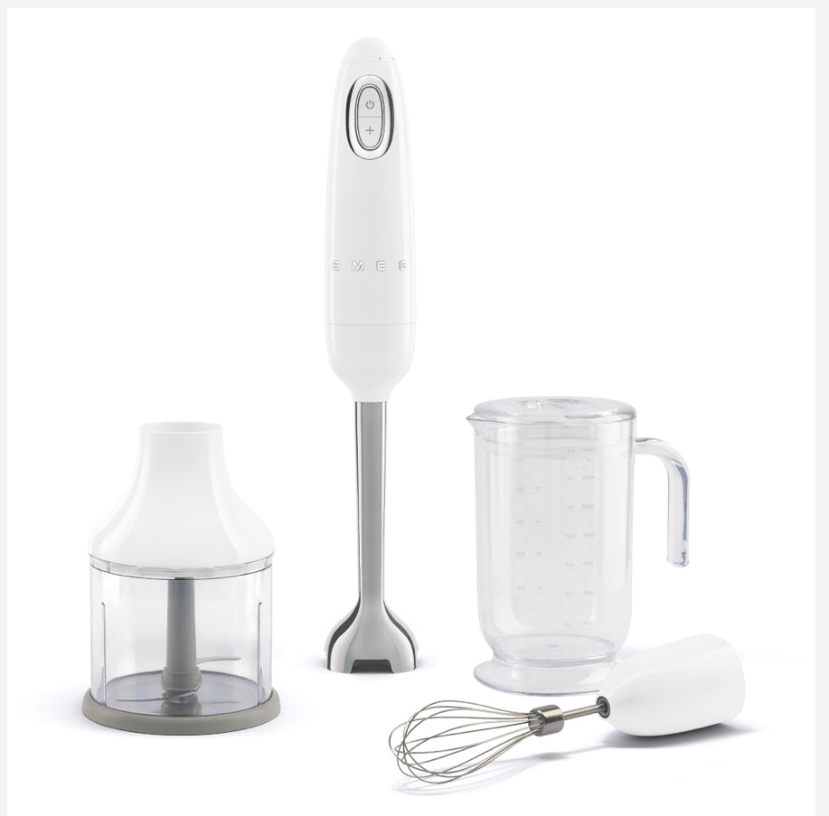 SMEG HBF03WHEU Witte Staafmixerset – FlowBlend RVS Blender, Hakmolen &amp; Garde, Tritan Beker