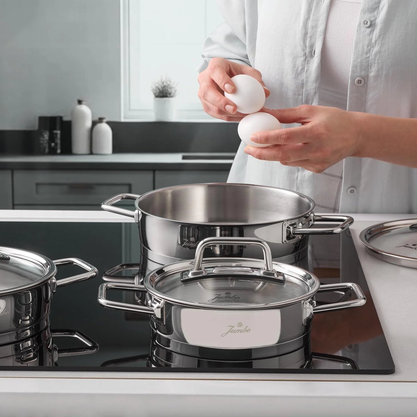 Jumbo Assos 3’lü Çelik Sahan Seti – 6 Parça, İndüksiyon Uyumlu