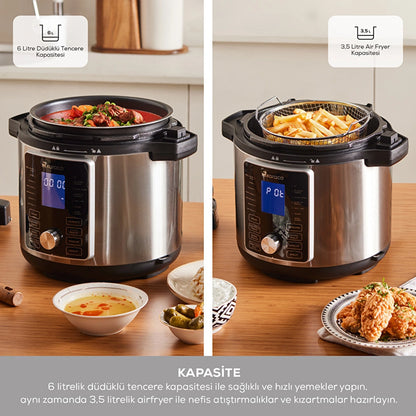 Karaca Cooker 2-in-1 6 L Smart Electric Pressure Cooker & Airfryer – Silver