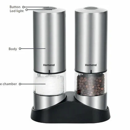 Homend Grindgo 6003UK Şarjlı Elektrikli Tuz ve Karabiber Değirmeni Seti – Inox, LED Işıklı