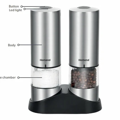 Homend Grindgo 6003UK Şarjlı Elektrikli Tuz ve Karabiber Değirmeni Seti – Inox, LED Işıklı