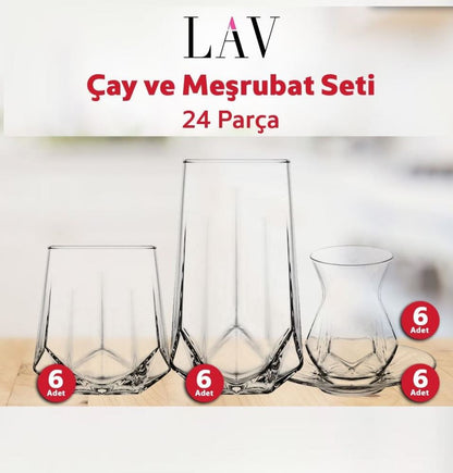 Lav Çay ve Su Meşrubat Bardağı Seti – 24 Parça