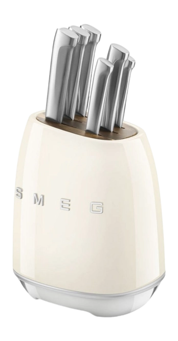 SMEG KBSF02CR Cream 6-Piece Knife Set with Messenblok – German Steel, Acacia Wood Slots, Retro 50's Design
