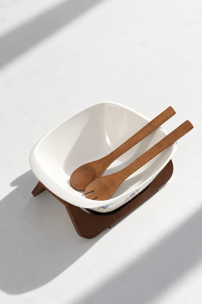 Petit Fleur Bambu Standlı Porselen Salata Kasesi 27 cm – Şık Servis Kasesi