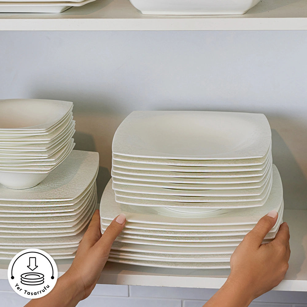 Karaca Fine Pearl Helen 58-delige Vierkante Servies set voor 12 personen – Elegante tafelset