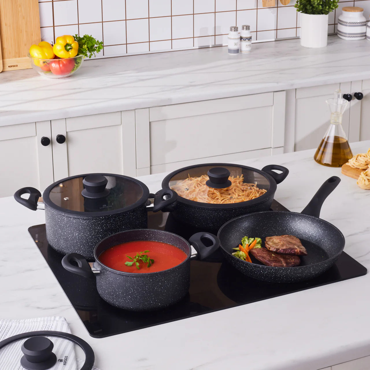 Karaca Nebula 7 Piece Granite Cookware Set, Induction Compatible, Black