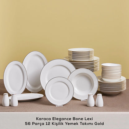 Karaca Lexi Gold New Bone 56-Piece 12-Person Dinner Set – Elegant Tableware Set