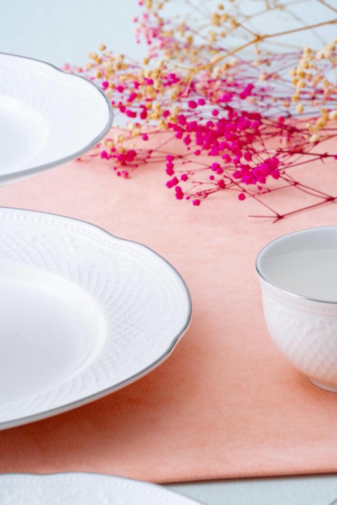 Acar Serenity Silver 20-delig porseleinen brunch- en taartservies voor 6 personen – met zilverkleurige details