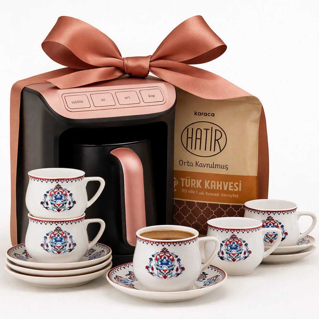 Karaca Hatır Ember Turkish Coffee Machine Roseberry – 5 Cup Capacity, Rich Foam | 6-Person Cup Set and 100 gr Karaca Hatır Coffee Gifted