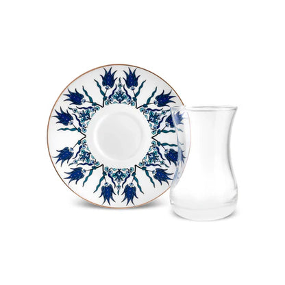 Karaca İznik 12-delige 6 Persoons Turkse Theeset 130 ml – Bone China, Blauw