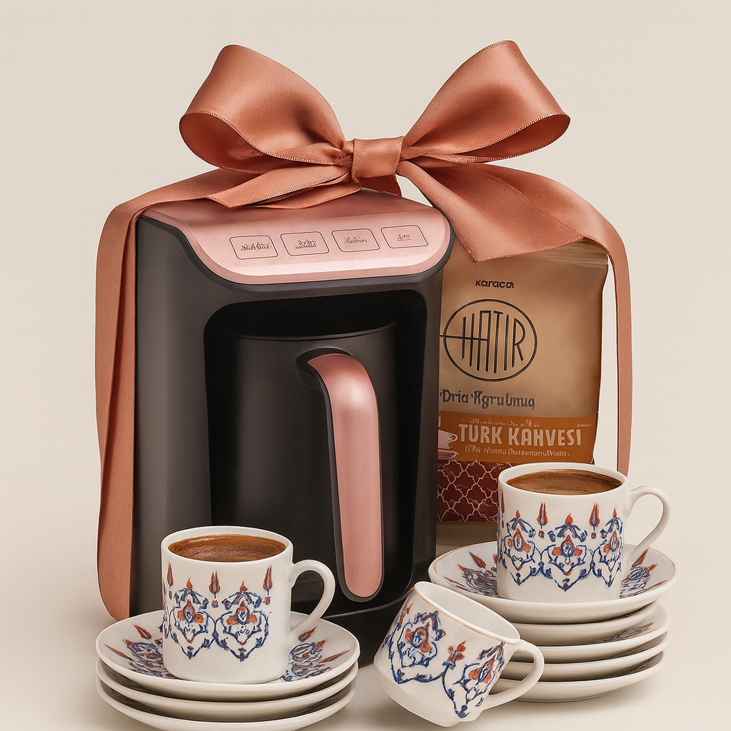 Karaca Hatır Charcoal Turkish Coffee Machine – Rosegold, 5 Cups + Cup Set & Turkish Coffee Gifted