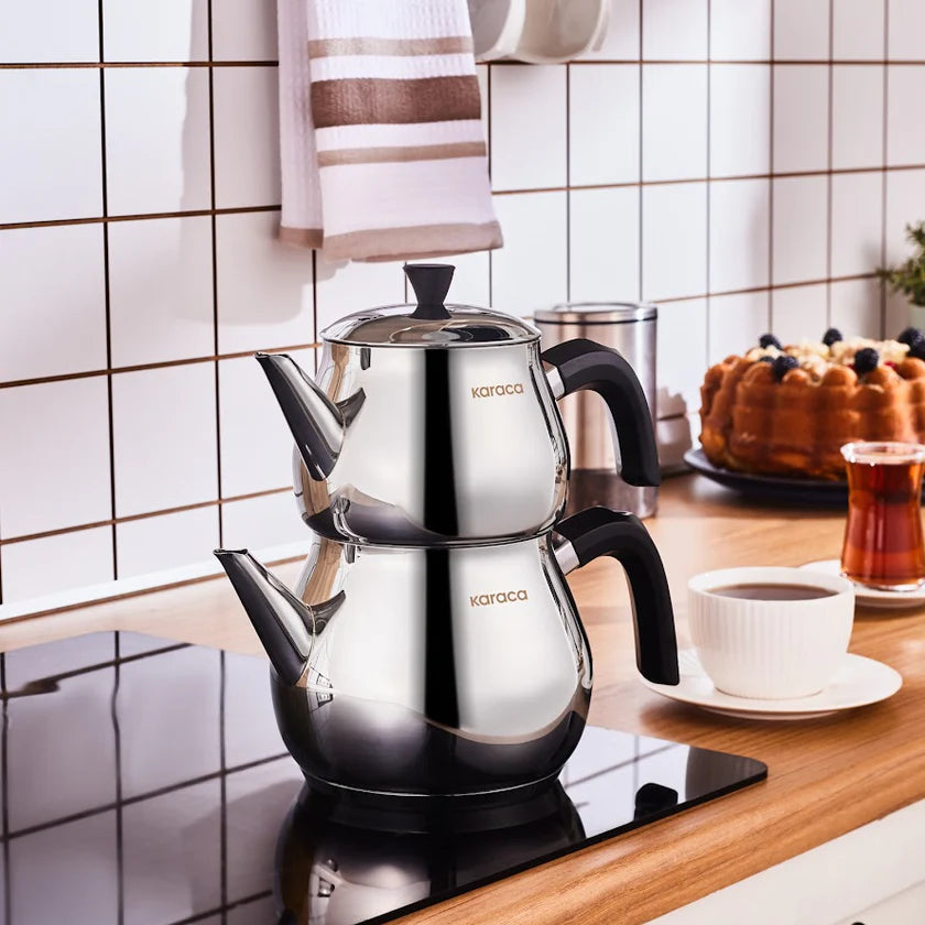 Karaca Kayra Black Teapot Set 1L + 1.75L – Steel, Induction Compatible, 2 Year Warranty