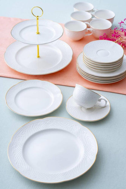 Acar Serenity 6 Kişilik 20 Parça Porselen Brunch ve Pasta Takımı – Beyaz Gold