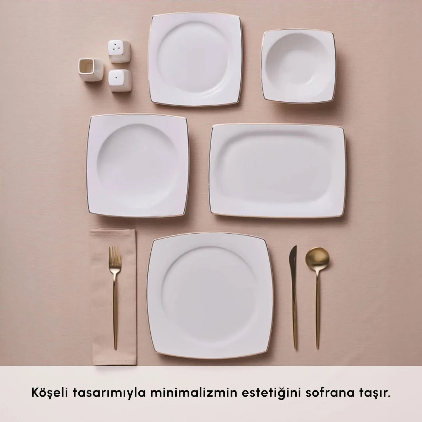 Karaca Square Bone Vesta 53 Piece Square Form Bone Dinner Set for 12 People – Gold