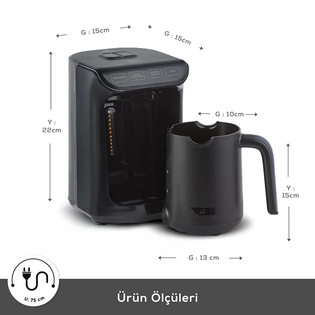 Karaca Hatır Ember Turkish Coffee Machine Shiny Black – 5 Cup Capacity, Rich Foam, 535 W | 6-Person Cup Set and 100 gr Karaca Hatır Coffee Gifted