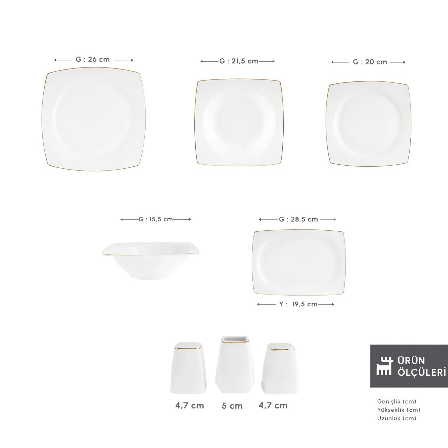 Karaca Square Bone Vesta 53 Piece Square Form Bone Dinner Set for 12 People – Gold